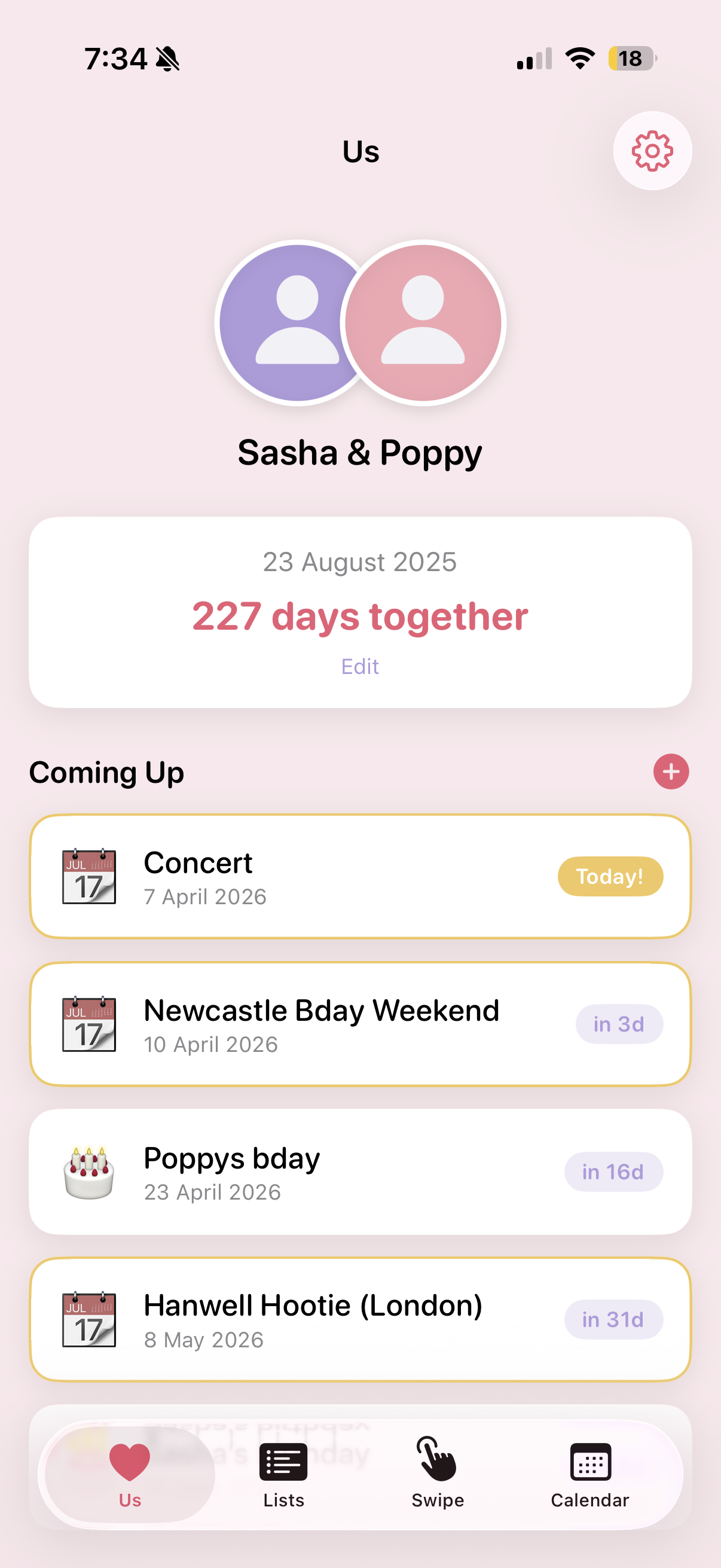 Couples page showing days together and upcoming events