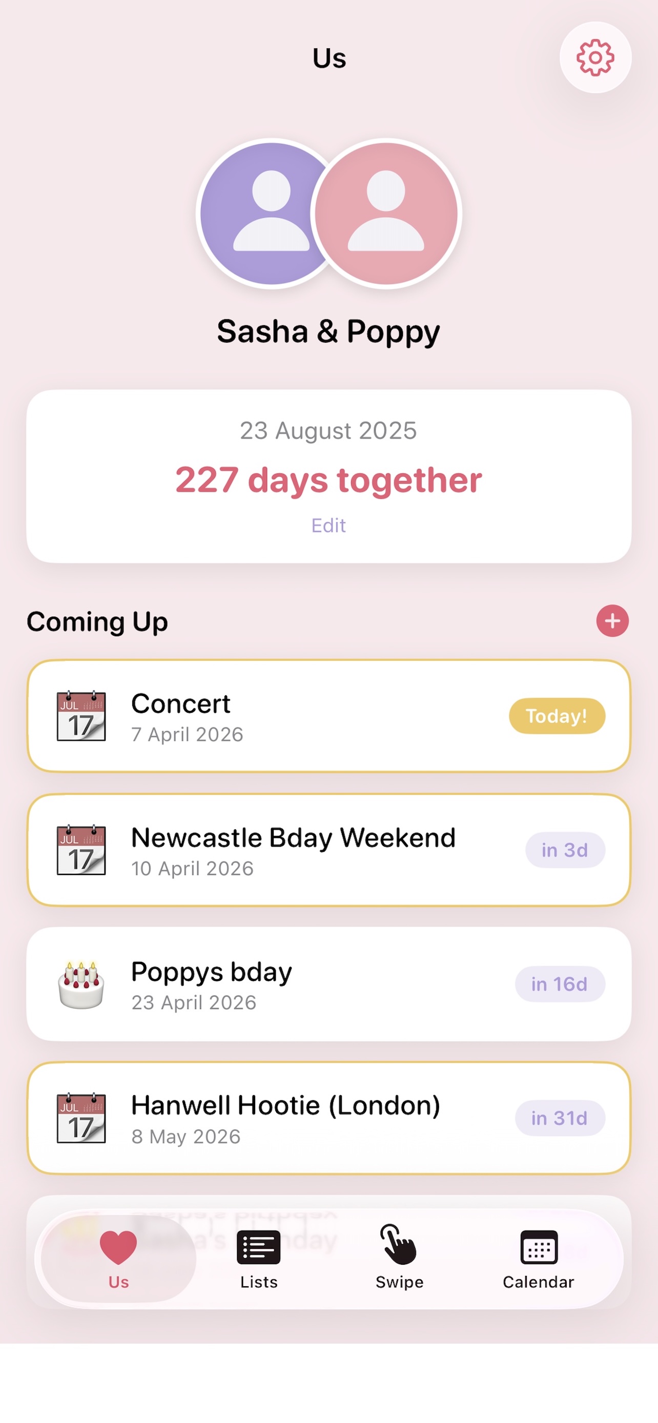 Couples page showing days together and upcoming events