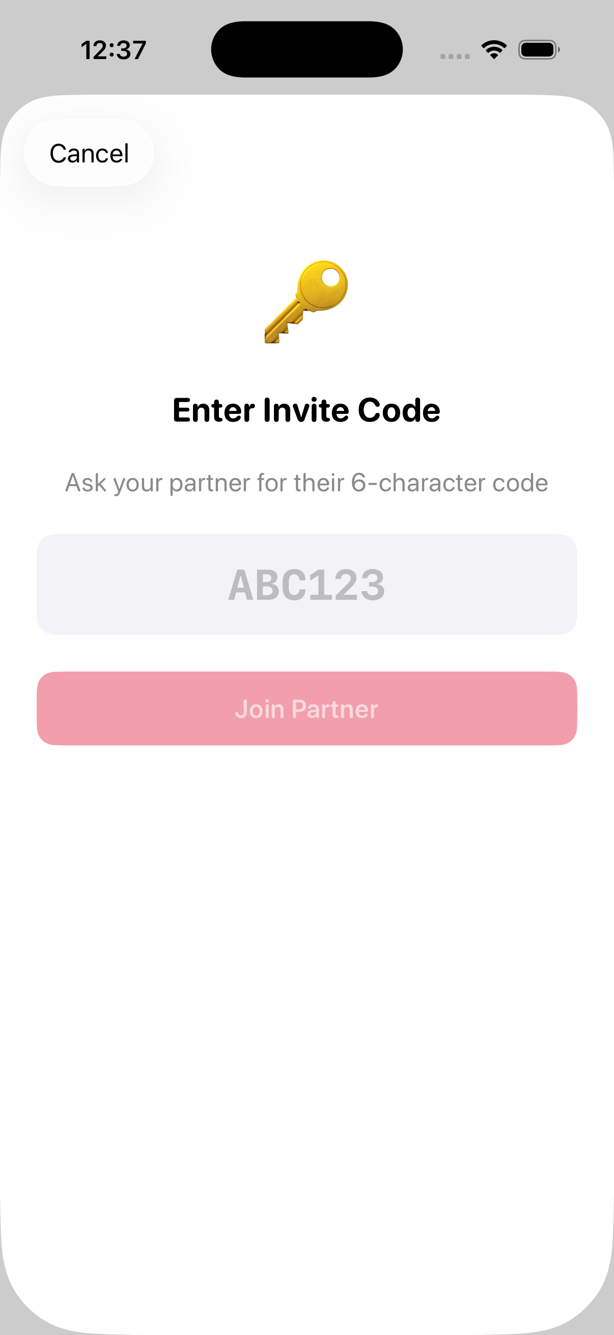 Enter invite code screen