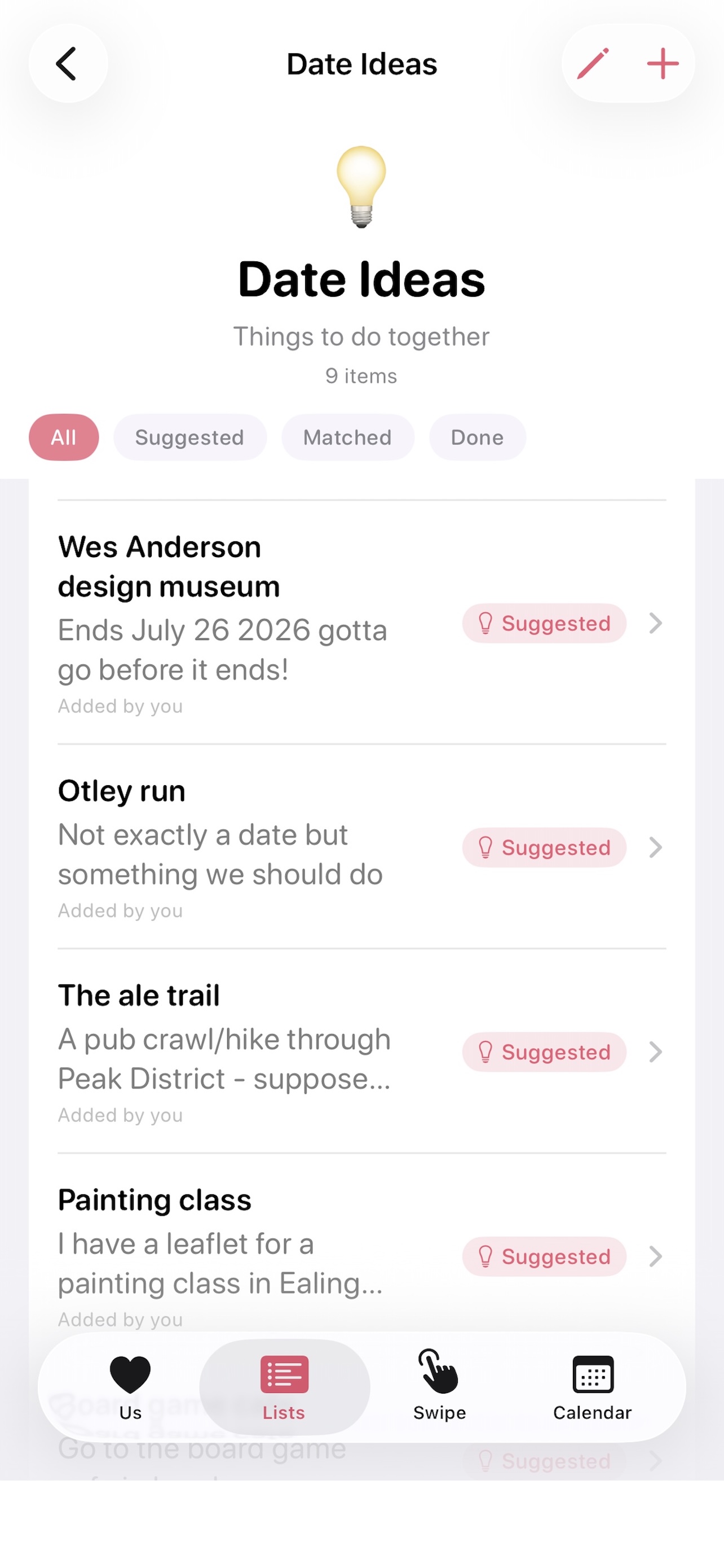 Shared lists with date ideas
