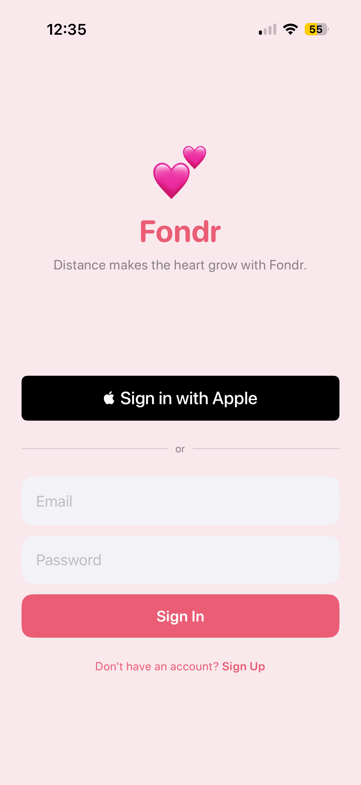 Fondr sign-in screen